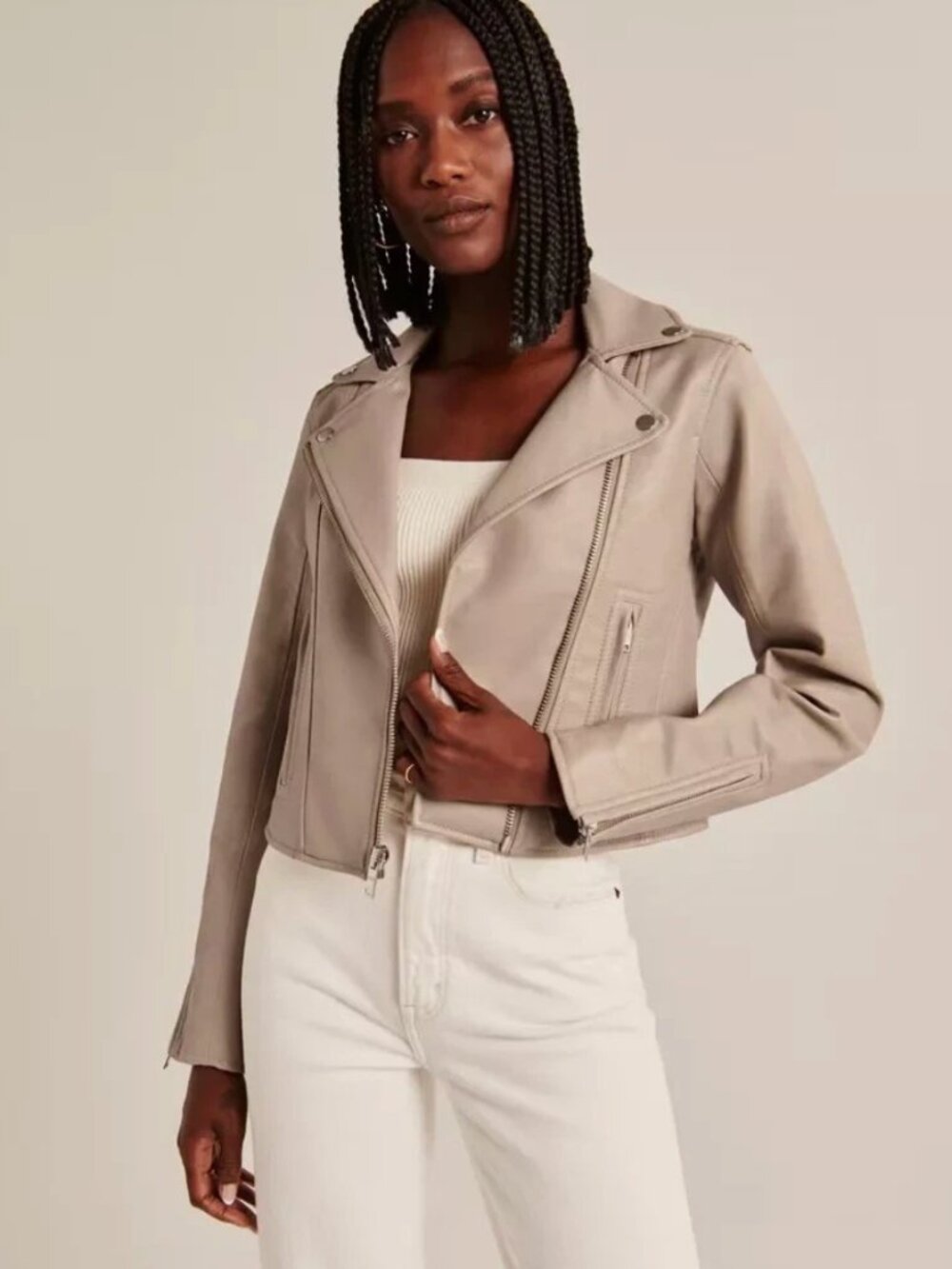 Abercrombie & Fitch Vegan Leather Moto Jacket (biege/tan)